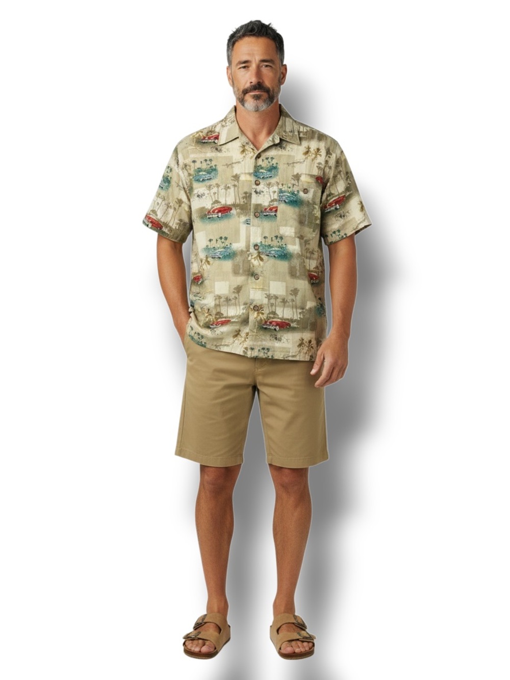 M.E. Sport Mens Short Sleeve Hawaiian Button Up Shirt Vintage Car & Palm Tree XL